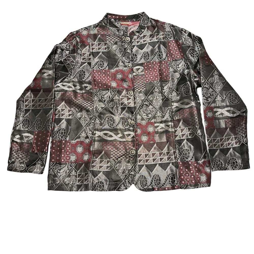 VTG Tudor Court By Haband Jacket Women L Black Gray Patchwork Geometric Tapestry